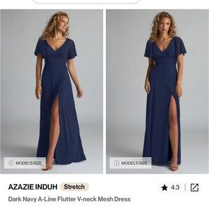 Azazie Induh A-Line Flutter V-Neck Mesh Dress in Dark Navy
